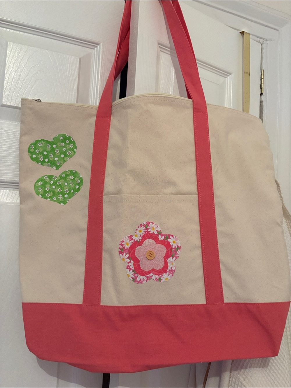 Canvas Tote Bag with Pink Trim and Floral and heart Appliqué